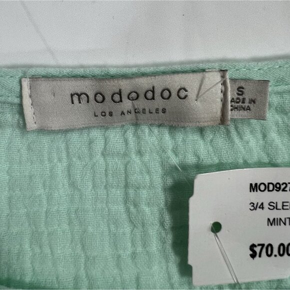 Mododoc Women Top Blouse Small Size 3/4 Sleeves Green 100% Cotton - Picture 8 of 12